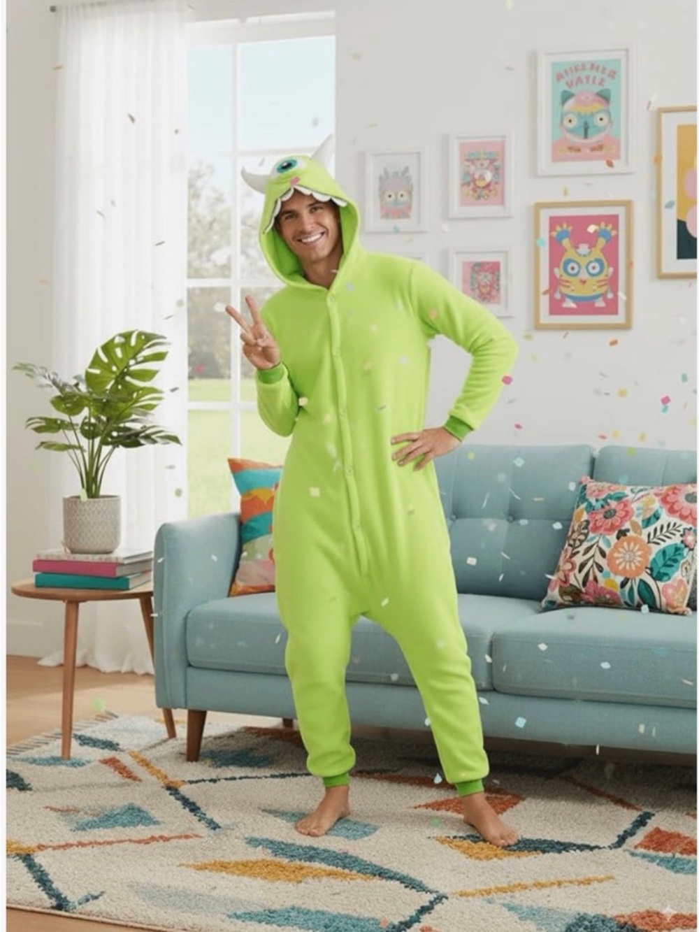 Adult Medium button up Onsie  Lime green one eyed monster